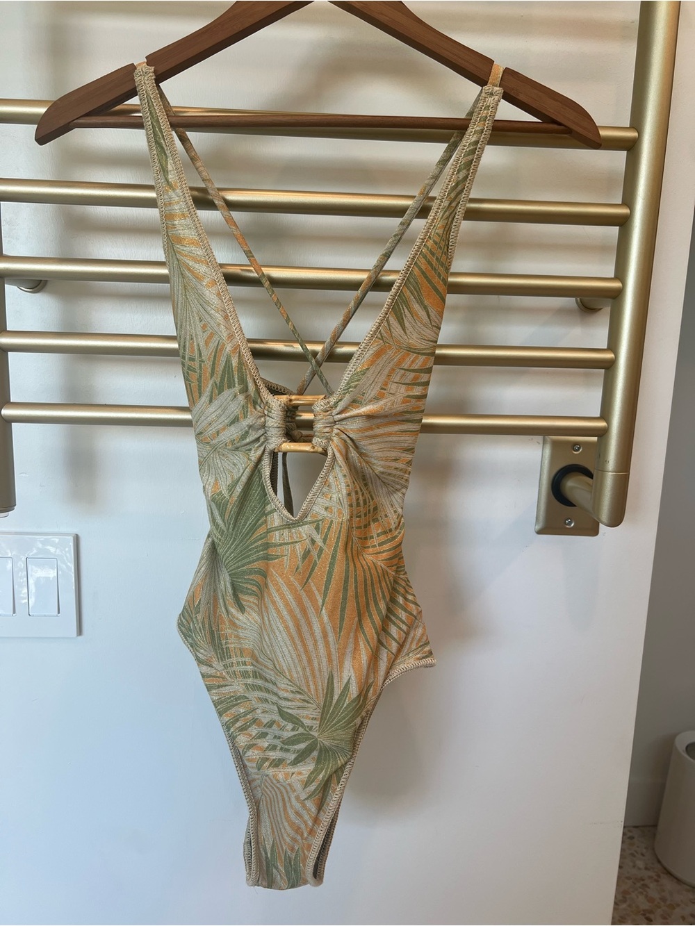 BECCA Palm-Print One-Piece Swimsuit in Sage Green and Sand, size S